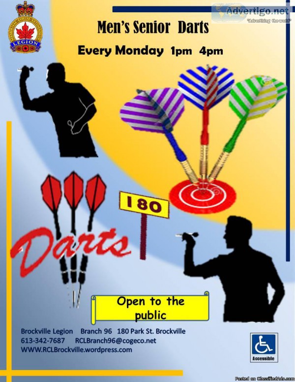 Mens Senior Darts Brockville Legion Every Monday  January 1-4pm