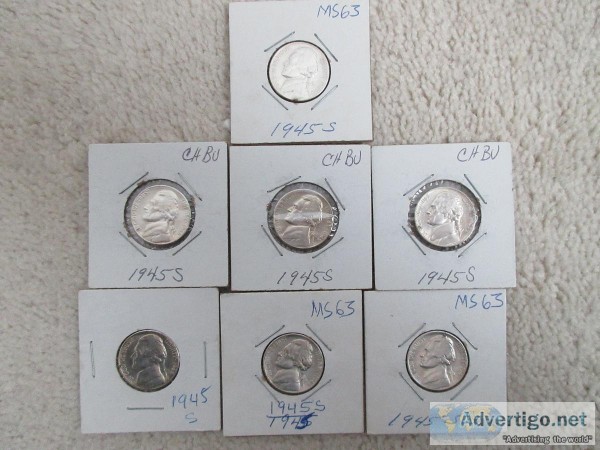 13 uncirculated silver war nickles. 7) 1945s  6) 1943P