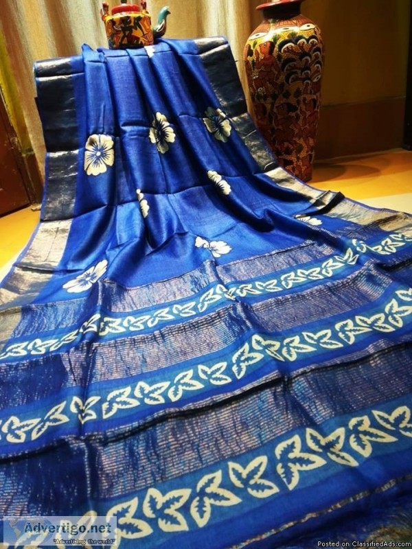 elegant BLOCK PRINT ON PURE GACHI TUSSAR SAREES WITH ZARI BORDER