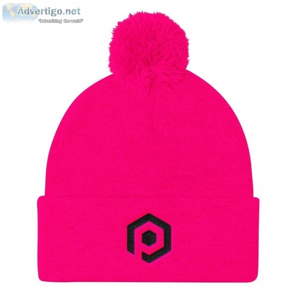 Neon Pink and Black Knit Pom Beanie with Embroidered Icon