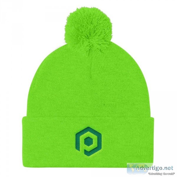 Neon Green and Kelly Green Knit Pom Beanie with Embroidered Icon