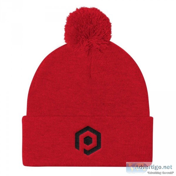 Red and Black Knit Pom Beanie with Embroidered Icon