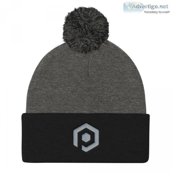 Dark Gray and Black Knit Pom Beanie with Embroidered Icon