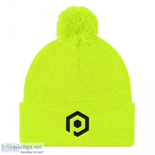 Neon Yellow and Black Knit Pom Beanie with Embroidered Icon