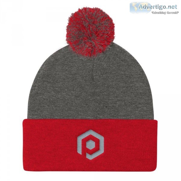 Dark Gray and Red Knit Pom Beanie with Embroidered Icon