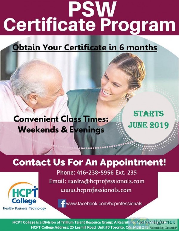 Personal Support Worker Certificate Program at HCPT College