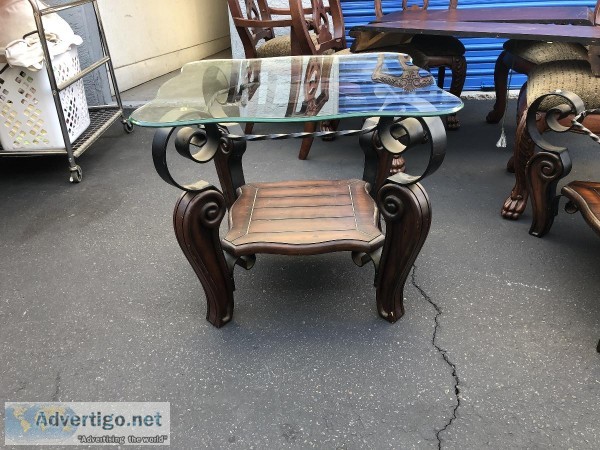 Walnut Wrought Iron Coffee and End Table with tempered glass top