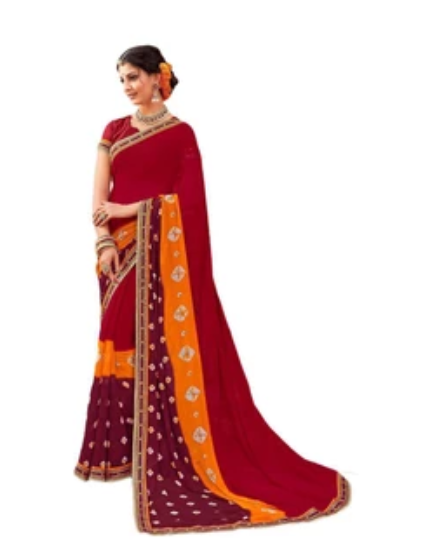 Laxmipati Red and Maroon Embellished Georgette Bandhni Saree