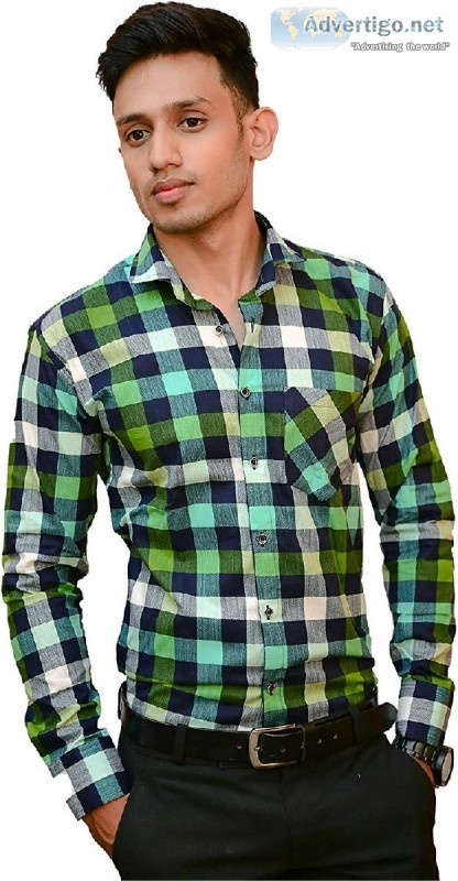 Button art Men s Cotton Checkered Green Full Sleeves CasualForma