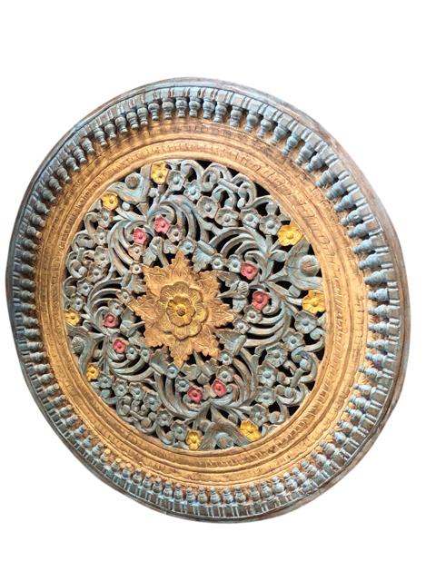 Antique Indian Hand Carved Round Colorful Wall Sculpture Eclecti