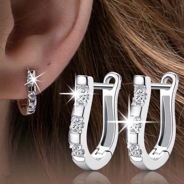 925 Sterling Silver White Gemstones Hoop Earrings