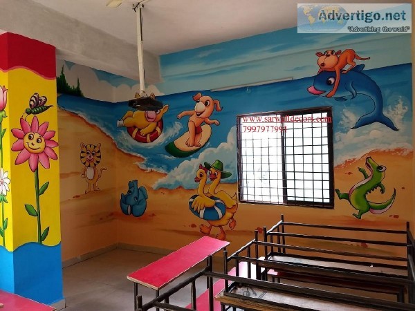 Play School Pillars Cartoon Wall Painting in Hyderabad