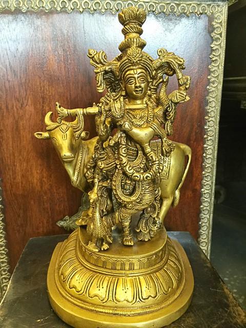 Brass Krishna Statue Playing Flute with Cow