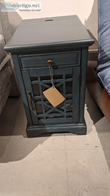 Antique Blue Wood Side End Table with Power and USB Charging Por