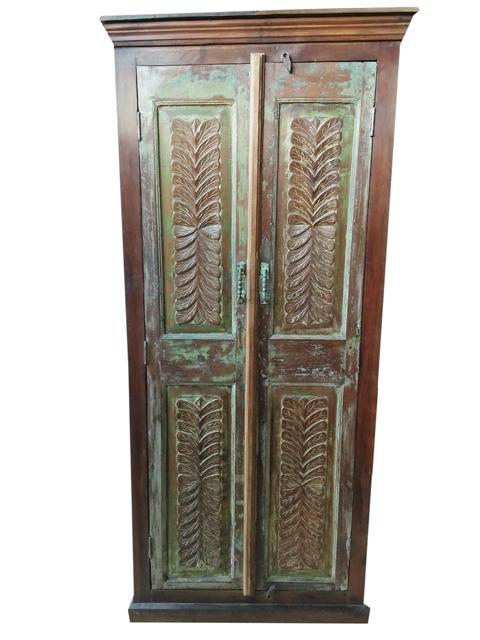 Antique Armoire Distressed Green Carved Bohemian Farmhouse Decor