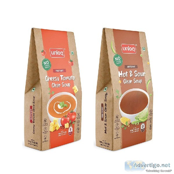 Unloq Cheesy Tomato Clear and Hot and Sour Jain Clear Soup Pack 