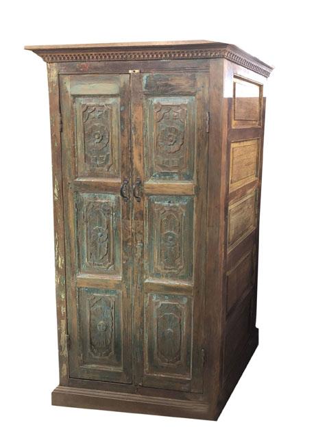 Antique Armoire Farmhouse Design Floral Carving Solid Teak Wood 