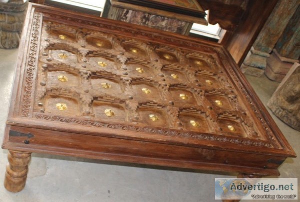 Large Rustic Coffee Chai Table Old Doors Brass Accent