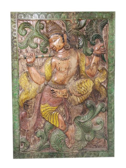 Antique Krishna Wall Art Panel Krisna playing Flute Wooden Wall 