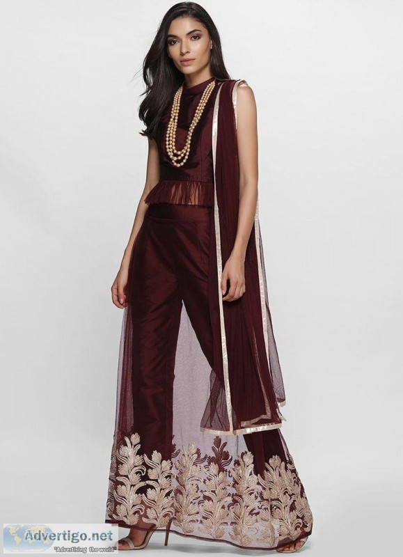 UNIQUE WINE PANT LEHENGA SET