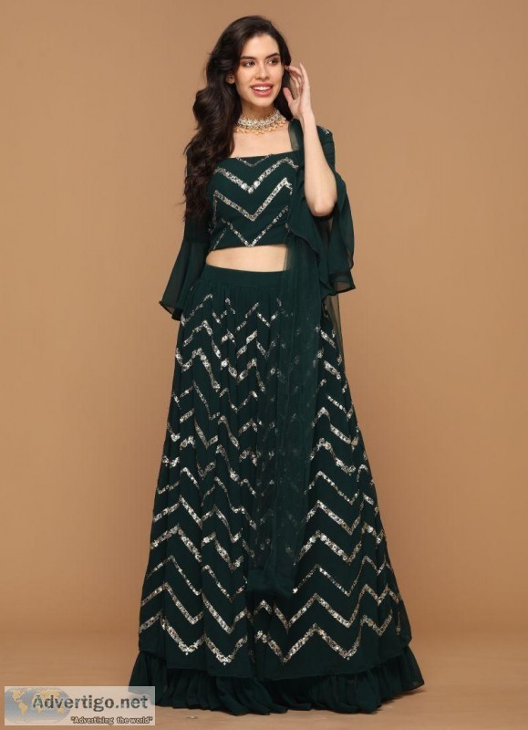 DARK GREEN EMBROIDERED FRILL LEHENGA SET