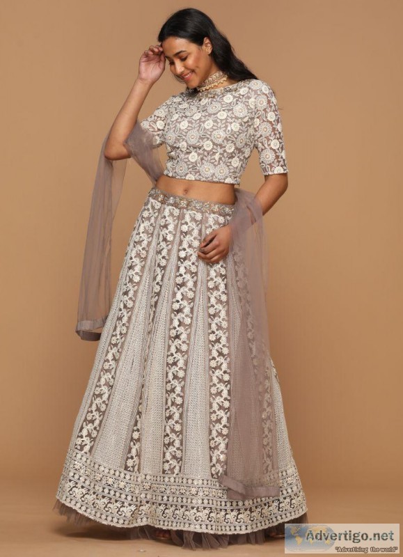 MOUSE BROWN CHIKANKARI LEHENGA SET