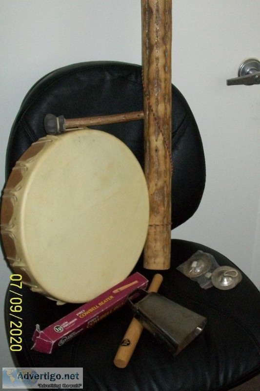 HANDMADE DRUM RAIN STICK COWBELL AND FINGER CYMBELLS