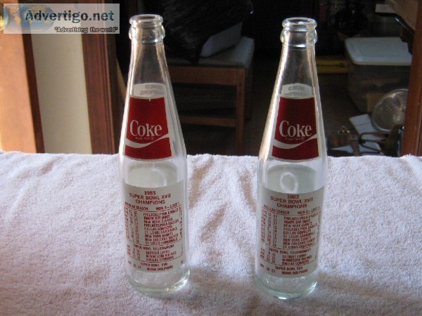 Two 1983 Super Bowl 27 Redskins Coke Bottles - Empty