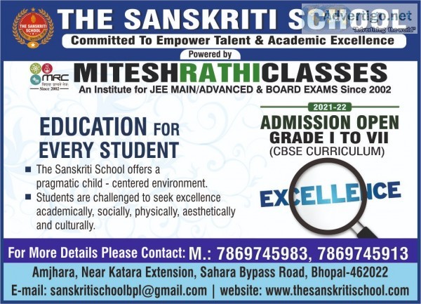The sanskriti school, admission open, best school in bhopal