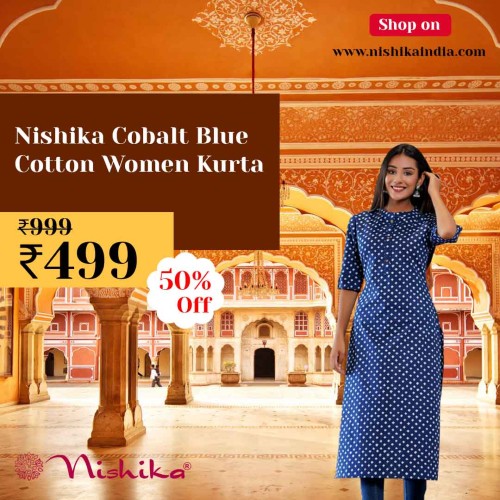 Nishika cobalt blue cotton women kurta