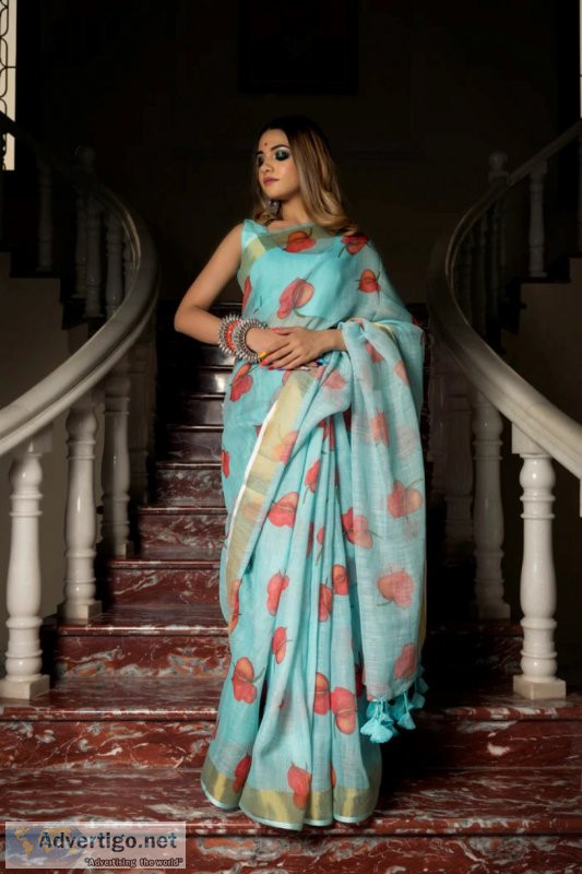 Get blue linen saree online