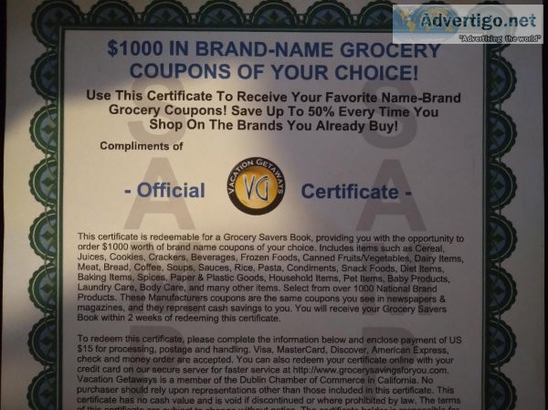 1000 Grocery Coupon Certificate