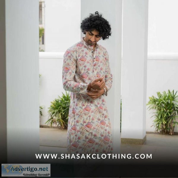 Off-white all-over pink floral print long kurta for men