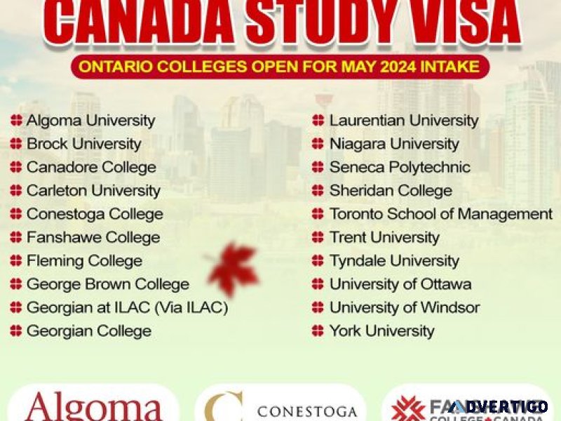 Study in canada colleges open for may 2024 intake in ontario