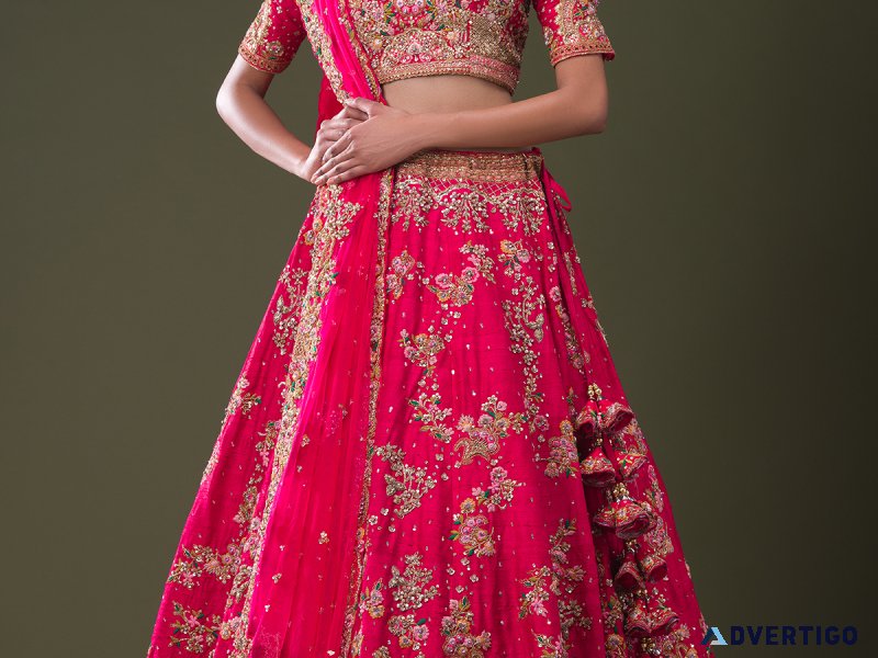 Raspberry red sequins embroidered raw silk wedding lehenga