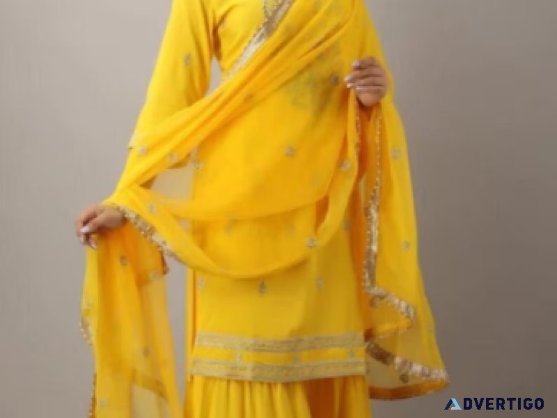 Designer embroidered yellow sharara set for women and girls