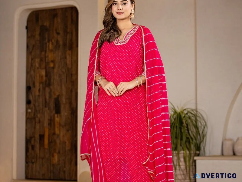 Hot pink georgette lehriya kurta duptta set