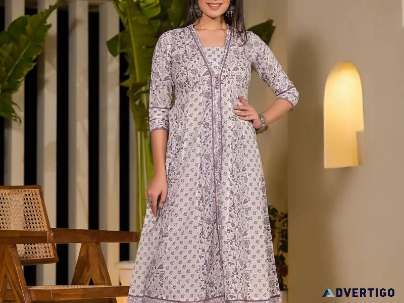 Purple floral print a-line kurta and trouser set