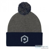 Dark Gray and Navy Blue Knit Pom Beanie with Embroidered Icon