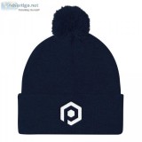 Navy Blue and White Knit Pom Beanie with Embroidered Icon