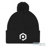 Black and White Knit Pom Beanie with Embroidered Icon