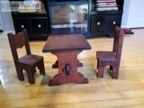 Wood table and two chairs for dolls