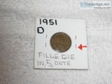 1951 D Lincol Penny - Filled Die in 5 Date