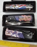 God Bless America USA eagle push button knife collection