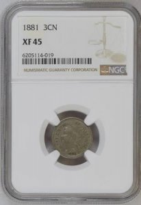 1881 Three Cent Nickel (NGC XF-45)