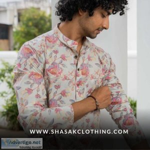 Off-white all-over pink floral print long kurta for men