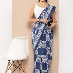 Blue ethnic motifs mulmul cotton sarees with unstitched blouse