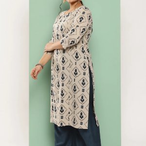 Beige & navy blue printed pure cotton plus size kurta