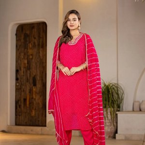 Hot pink georgette lehriya kurta duptta set