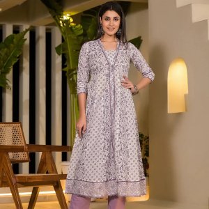 Purple floral print a-line kurta and trouser set